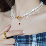 Crystal Heart Pearl Necklace